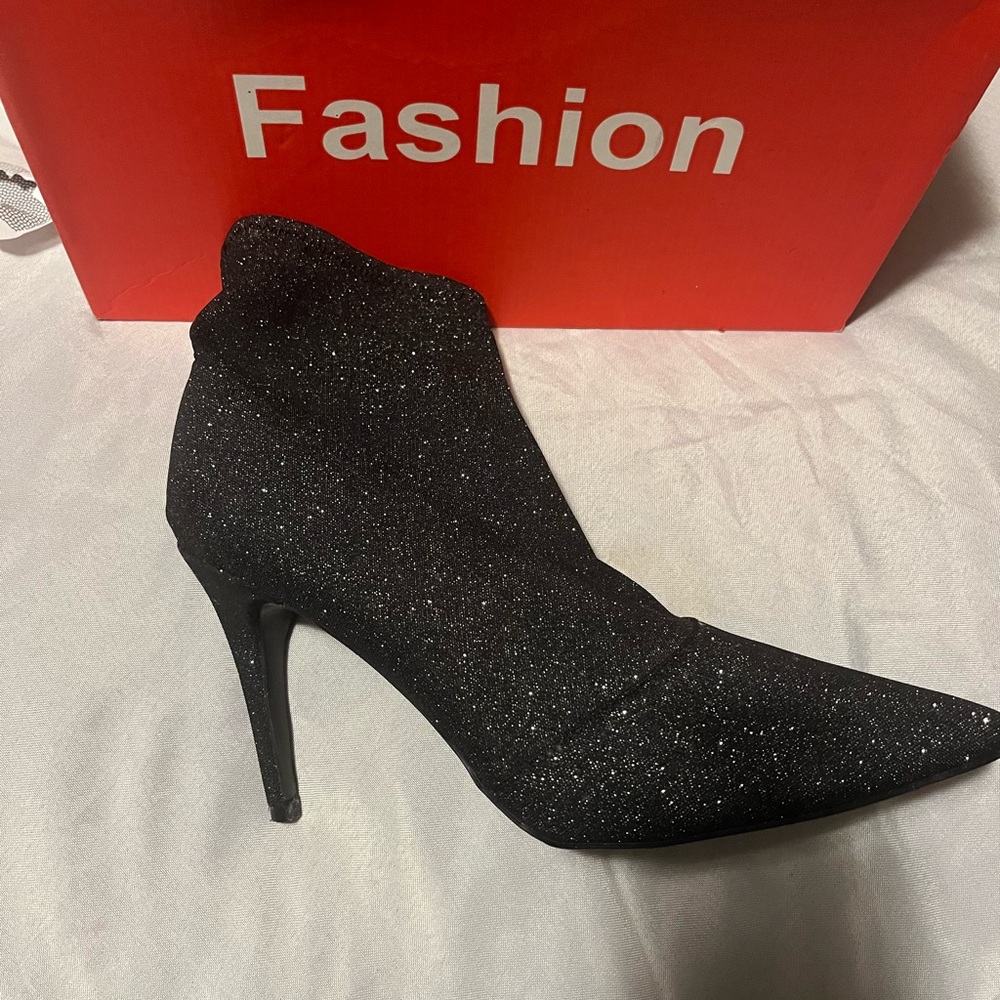 Black Glitter High Heel Ankle Boots